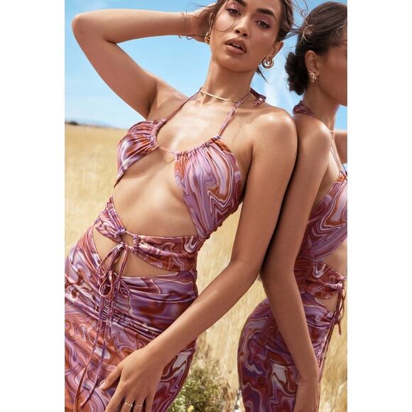 House of CB Kasia Purple Swirl Cutout Midi Dress Sz. L - Picture 2 of 9